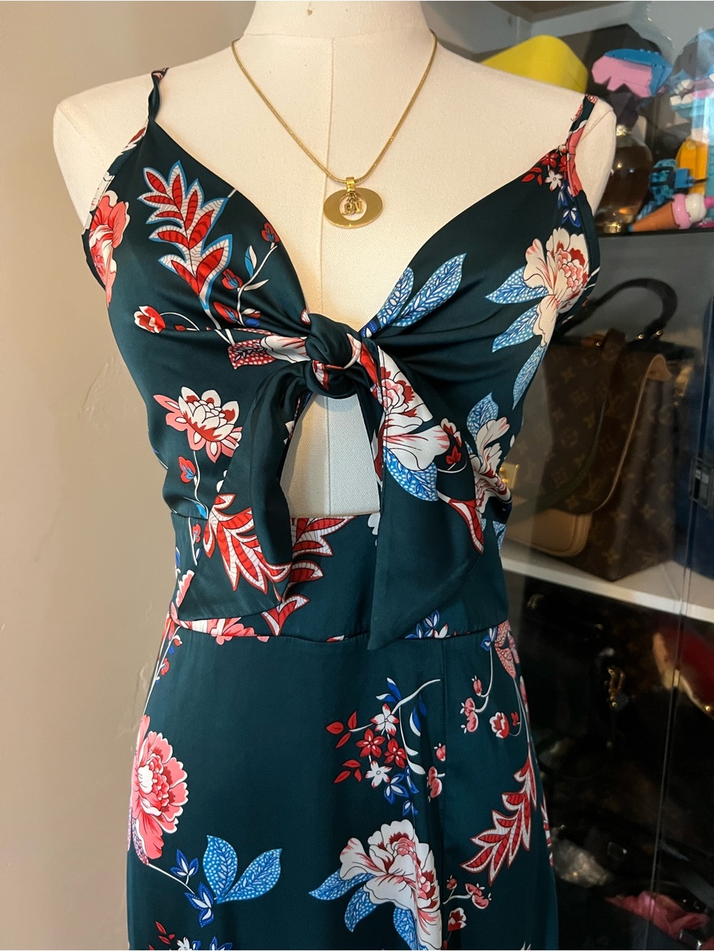 Amazon Teal Floral Midi Dress with Pink Flowers and Side Slit - Picture 5 of 6